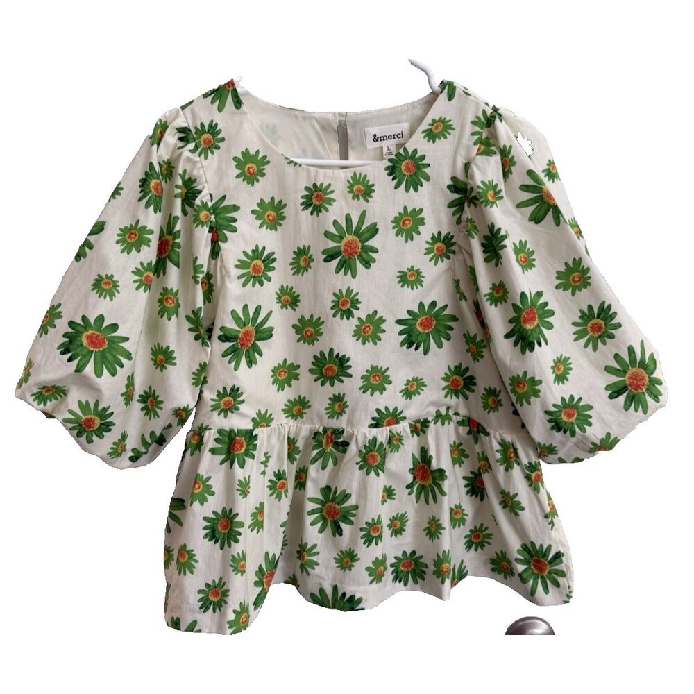&Merci Womens Blouse Floral Flutter Sleeve Sz Large Cotton Poplin Y2K Lined